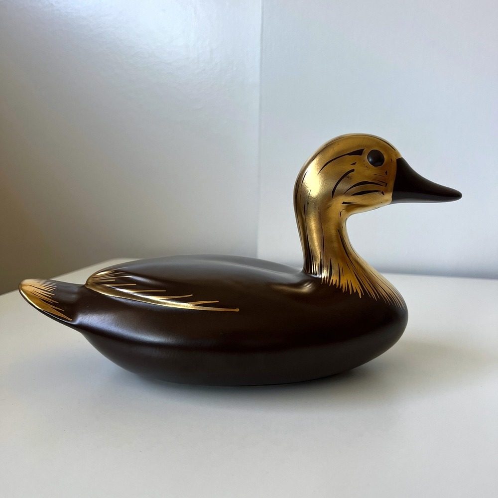 Vintage Brown Gold Ceramic Duck Figurine Mid Century Modern Bird Decor 12" - Picture 3 of 12